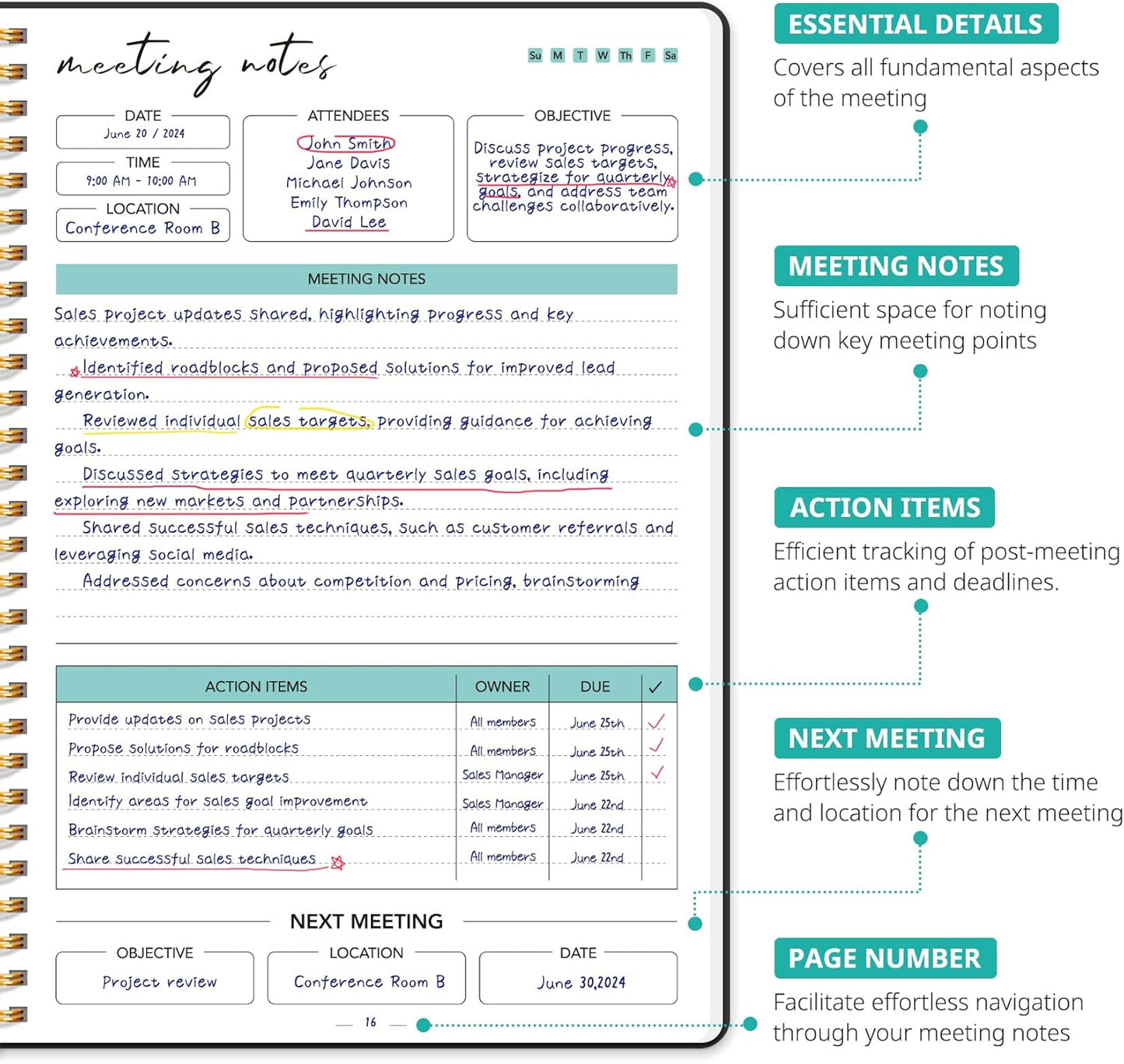 Taja 48 Pack of Meeting Notebook for Work Organization - Work notebook with action items, Meeting Minutes Planner Notebook, Perfect Office Supplies for Men & Women - Black