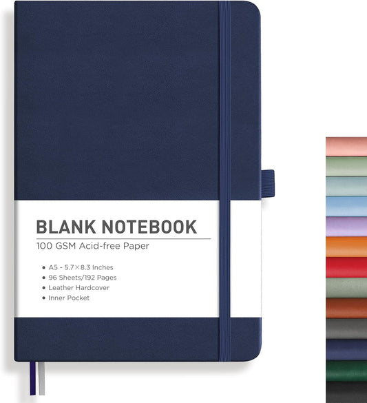 RETTACY Blank Journal Notebook, 192 Pages, A5 Medium Size (5.7'' x 8.3''), Leather Hardcover, 100 GSM Thick Paper, for Sketching, Drawing, Painting (Navy Blue)