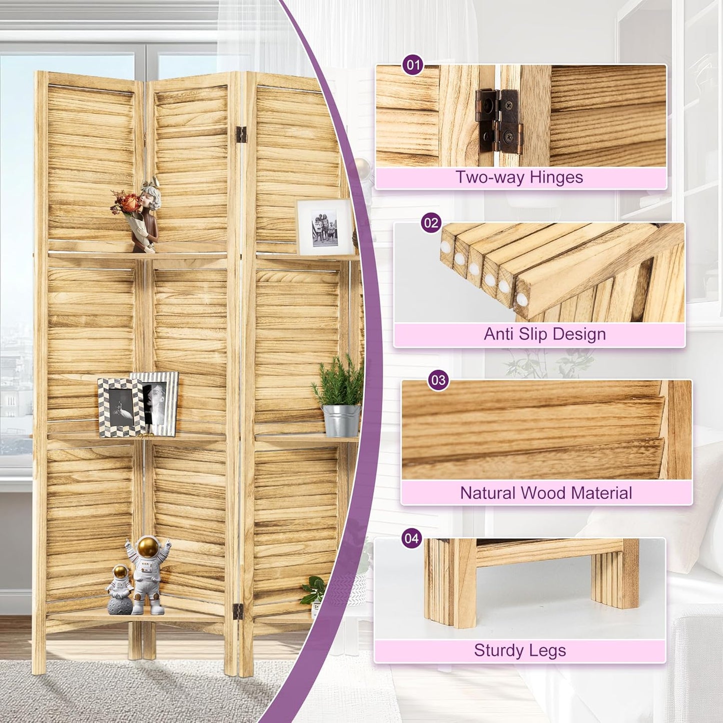 Room Divider with Shelves, 5.6FT Folding Room Divider Panel, 6 Panel Wood Partition Wall Divider for Room Separation, Natural Wood