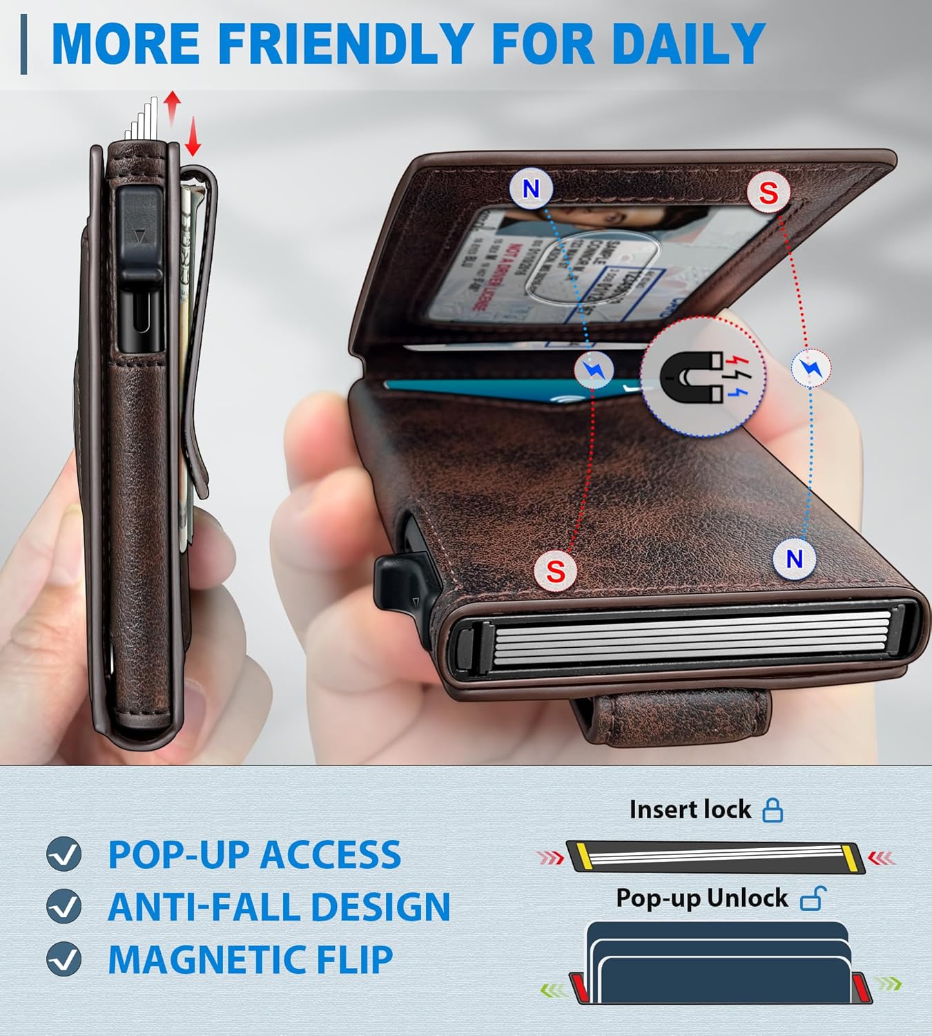 Airtag Wallet for Men,with Money Clip Gift Boxed,Slim Front Pocket Wallet RFID Blocking Metal Case Smart Pop-up Credit Card Holder in Magnetic Leather Flip