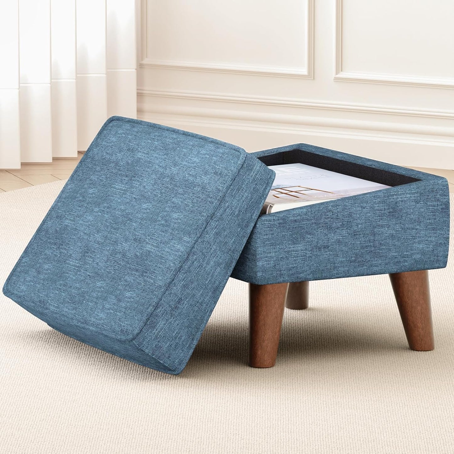 Small Footstool Ottoman with Storage, Ottoman Foot Rest, Modern Foot Stool with Adjustable Lid and Sturdy Wood Legs for Living Room, Bedroom, Couch, Enterway, Blue
