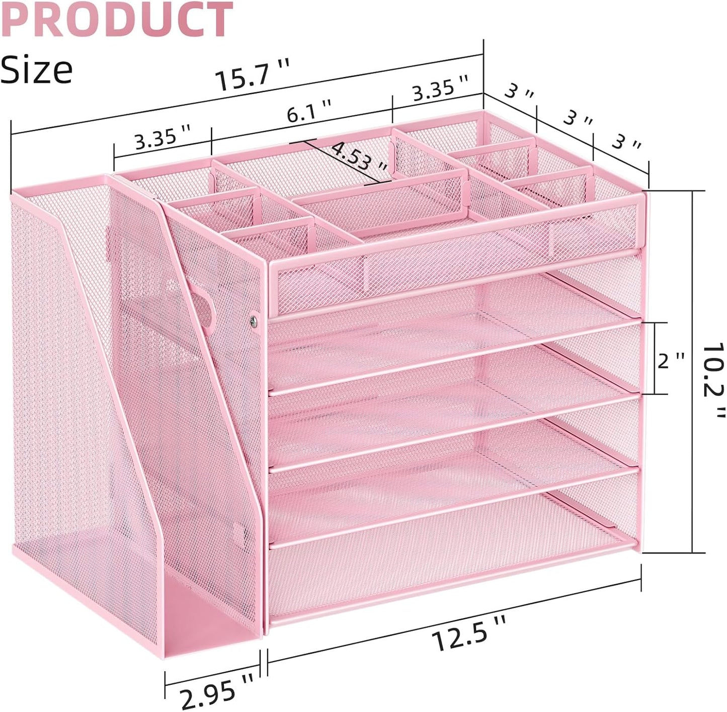 Marbrasse 5-Tier Desk Organizer with File Holder,Paper Letter Tray Organizer,Desktop File Organizer with Adjustable Compartments,Mesh Desk Organizers and Accessories for Office Supplies,Pink