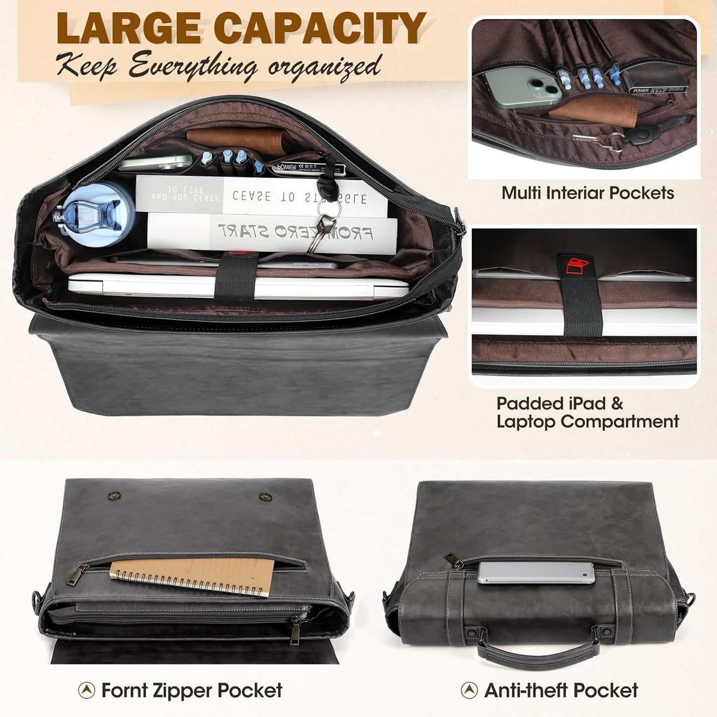 RAINSMORE Mens Messenger Bag 17 Inch Waterproof Vintage Leather Laptop Briefcase Large Laptop Bag Satchel Bag Computer Shoulder Bag for Office Business Travel College,Brown