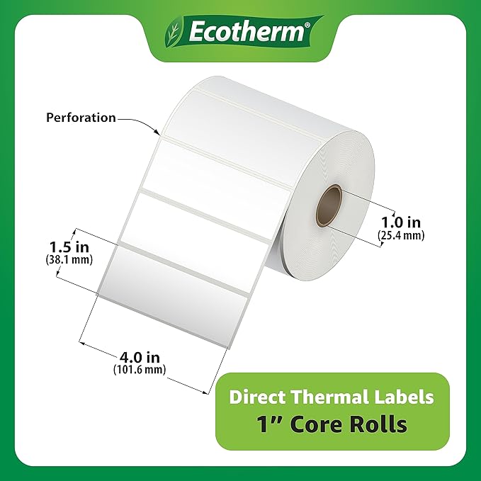 4" x 1.5" Thermal Labels | 4 Rolls | 3940 Labels | fits Zebra, Munbyn, Rollo, Godex, Arkscan, iDPRT, Offnova Thermal Label Printers and More | Blank White Adhesive Stickers by Ecotherm