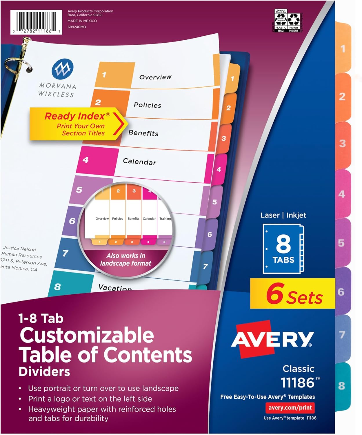 Avery 8 Tab Dividers for 3 Ring Binders, Customizable Table of Contents, Multicolor Tabs, 6 Sets (11186)