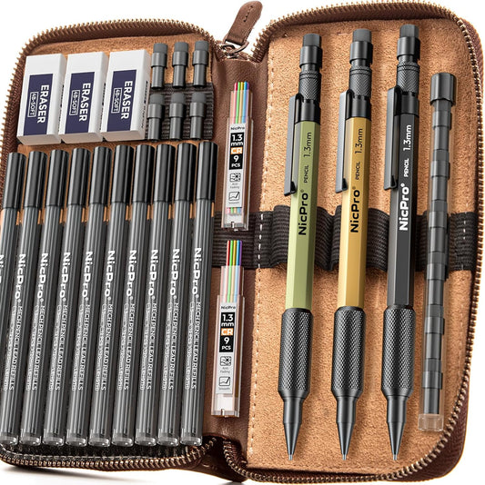 Nicpro 21PCS 1.3 mm Mechanical Pencil Set in Leather Bag with 138 Lead Refill Black & Colors, Erasers- Weatherproof Metal Heavy Duty Carpenter Pencil for Outdoor Drafting Marking Drawing Woodworking