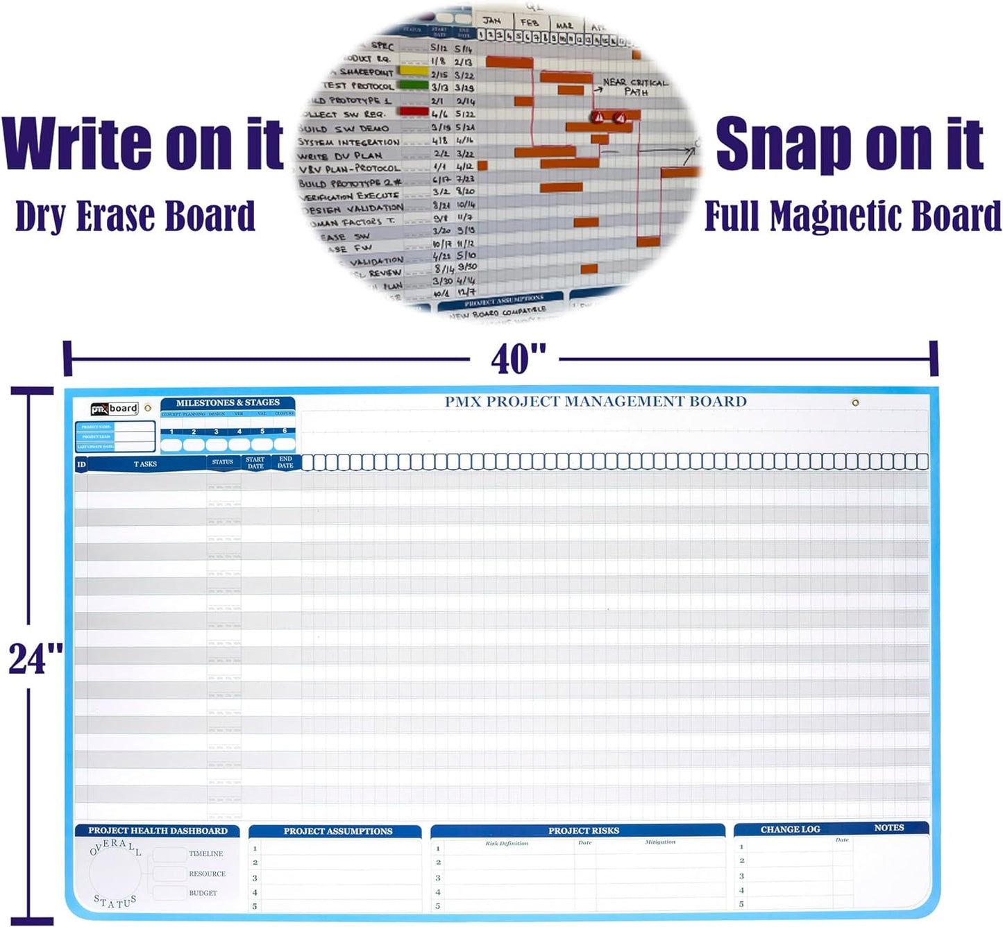 PMXBoard Gantt Chart Whiteboard Kit | 668 Magnets | Visualize Timelines, Risks & Critical Path | Ultimate Management White Board for Project Management