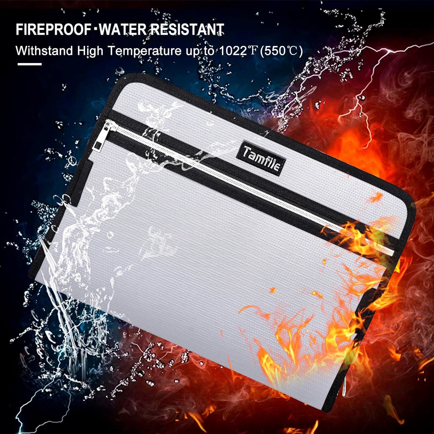 Fireproof Safe Waterproof Accordion File Bag Folder Expanding Filing Folder with 14 Multicolored Pockets, A4 Letter Size, Document Organizer Holder and Color Labels /2 Zipper (Silver 14.3" x 9.8")