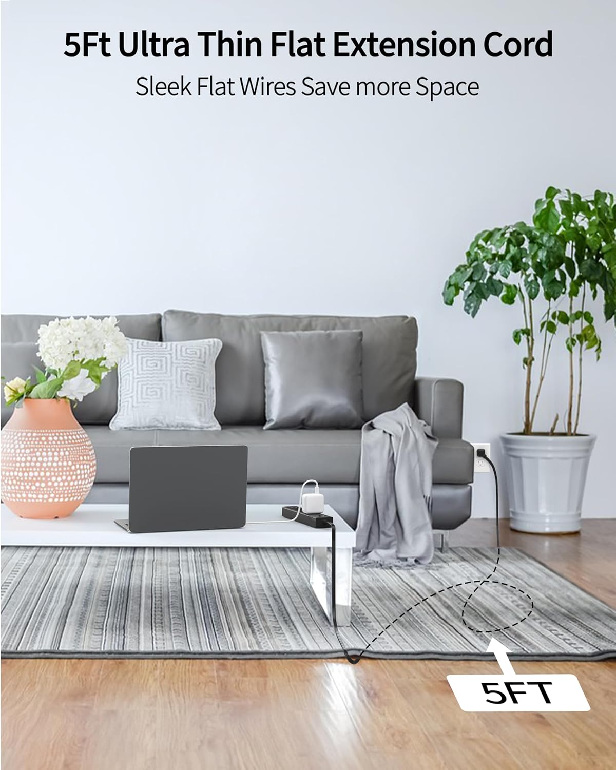 Black Surge Protector Power Strip, Ultra Thin 5 Ft Flat Plug Extension Cord, 1700 Joules, 5 Widely Spaced Outlets with 4 USB Ports (2USB-C), 1875W/15A, Wall Mount for Home Office, Black