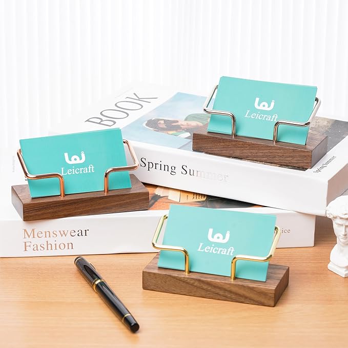 Business Card Holder for Desk, Modern Card Organizers and Office Desk Accessories for Men and Women (Walnut Golden)