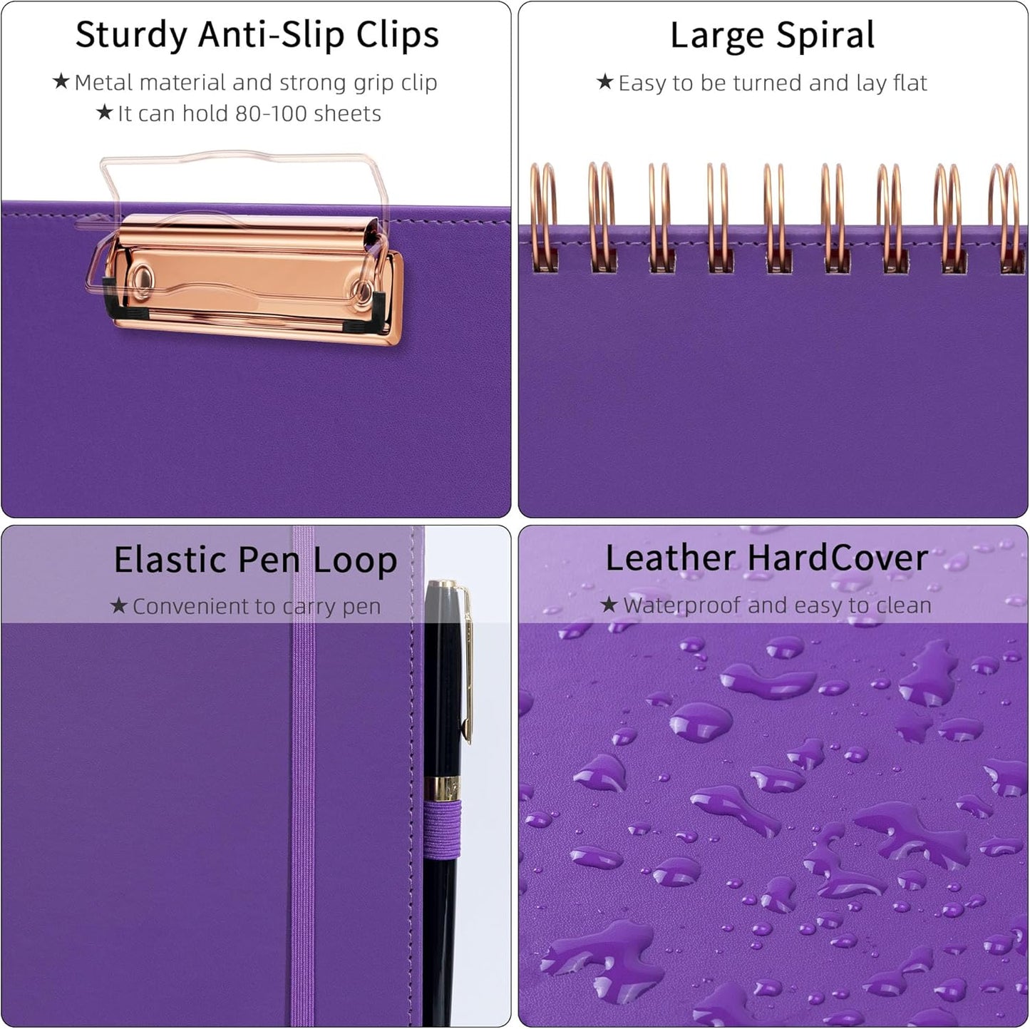 Ospelelf Leather Spiral Clipboard Folder with Storage Zipper Pouch, Foldable Clipboard Folio with Notepad for Letter Size, 5 Folders with 10 Pockets, 39 Divider Label Stickers (Purple)