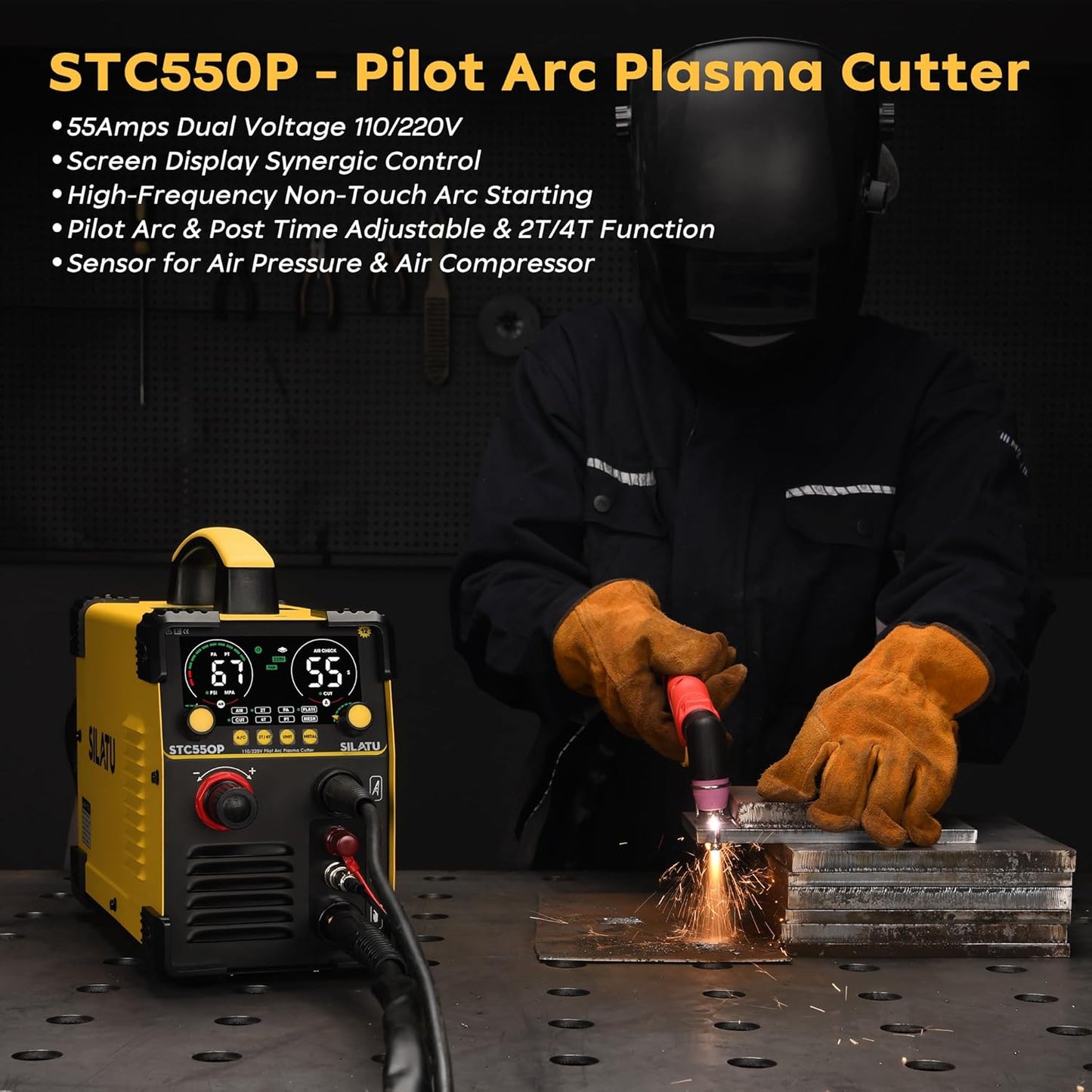 SILATU 55Amps Plasma Cutter, Large LED Display, Non-Touch Pilot Arc, Air Sensor Technology, 110/220V Dual Voltage IGBT Inverter Plasma Cutter Machine, 1/2'' Clean Cutting Thickness for Beginners DIY