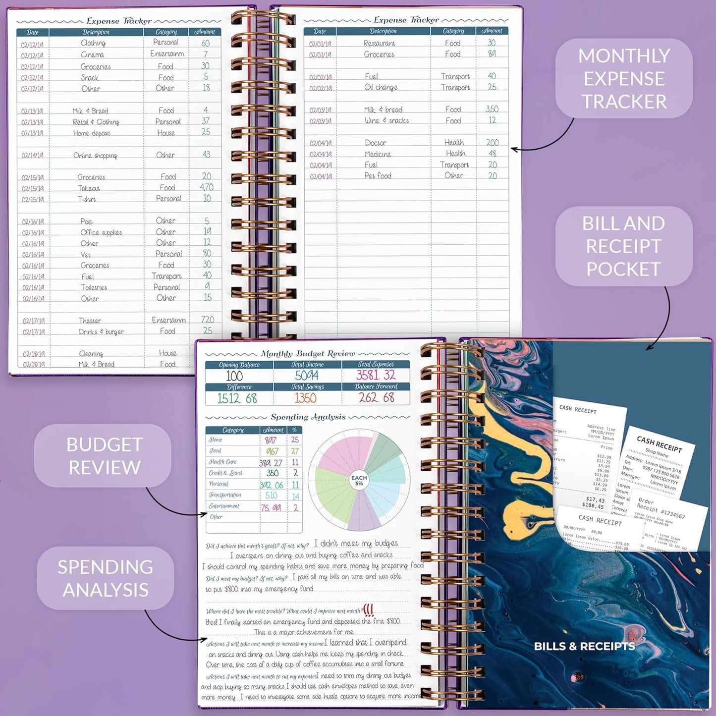 GoGirl Budget Planner & Monthly Bill Organizer – Monthly Financial Book with Pockets. Expense Tracker Notebook Journal, Compact (Purple)