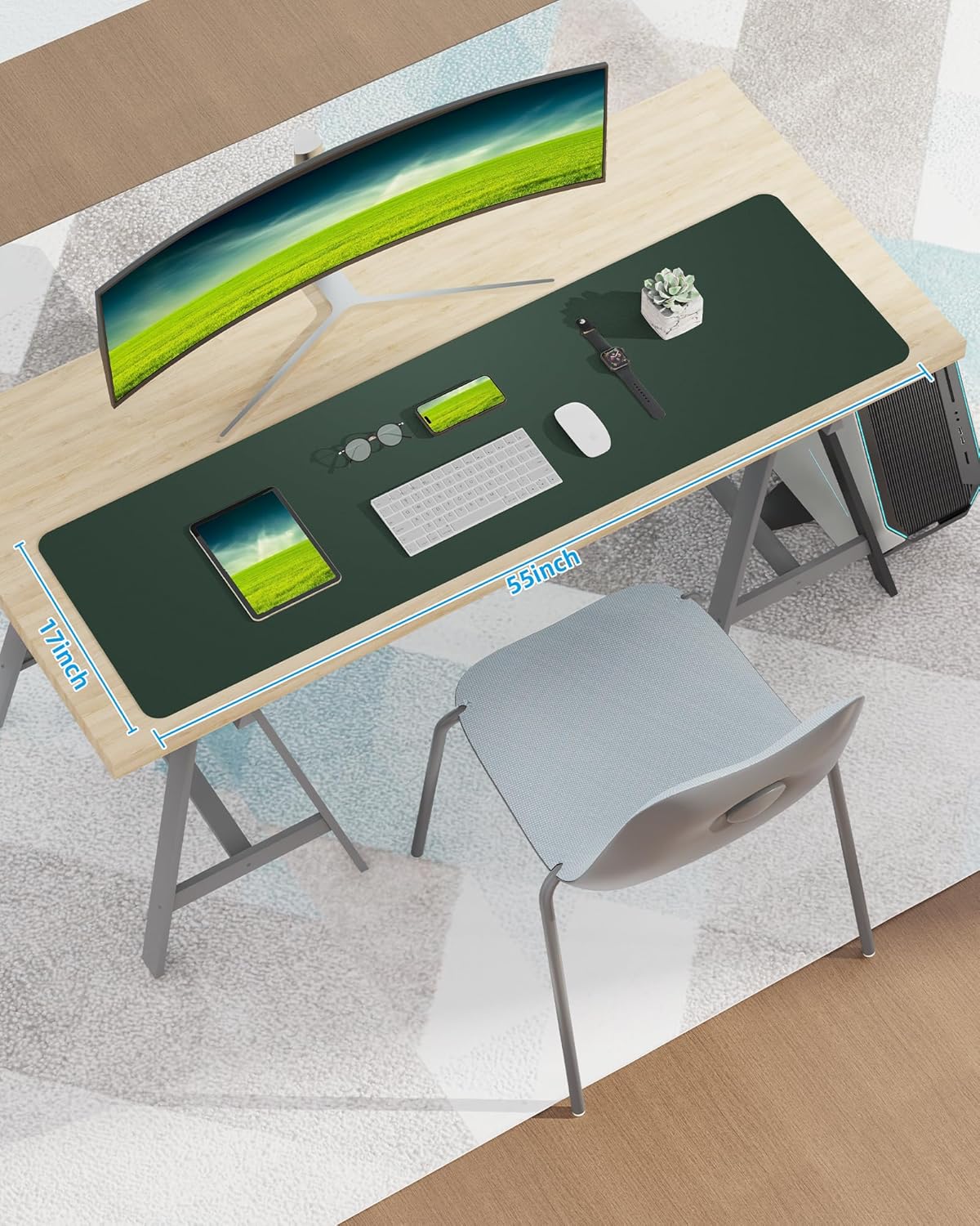 Large Desk Mat,55" x 17"Leather Desk Pad Protector,Large Mouse Pad,Office Desk Mat, Non-Slip PU Leather Desk Blotter, Laptop Desk Pad,Waterproof Desk Writing Pad for Office/Home/Decor (Dark Green)