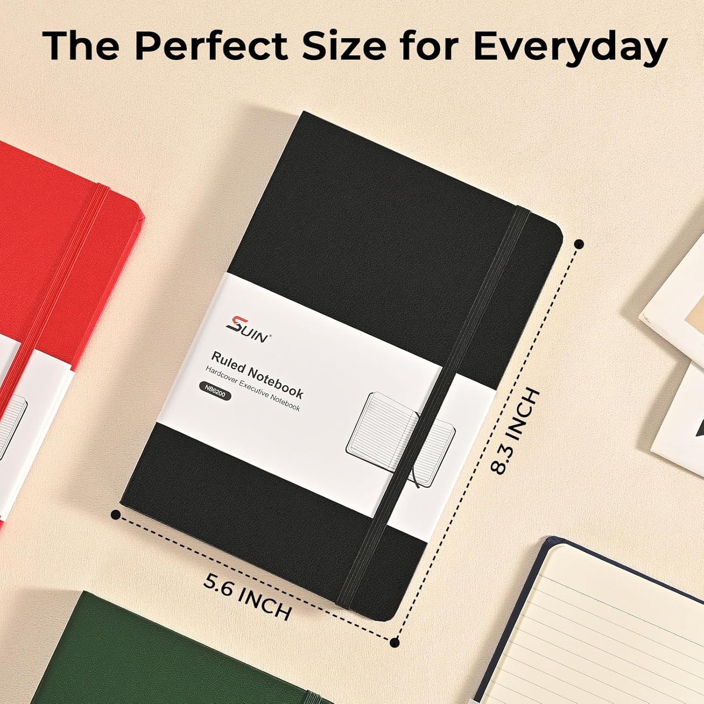 SUIN A5 Hardcover Notebook, 5.5" x 8.3", 100gsm, 160 Pages, Journal for Writing, Notebooks for work - No-Bleed Paper, Inner Pocket, Elastic Closure & Ribbon Bookmark, Black-1Pack