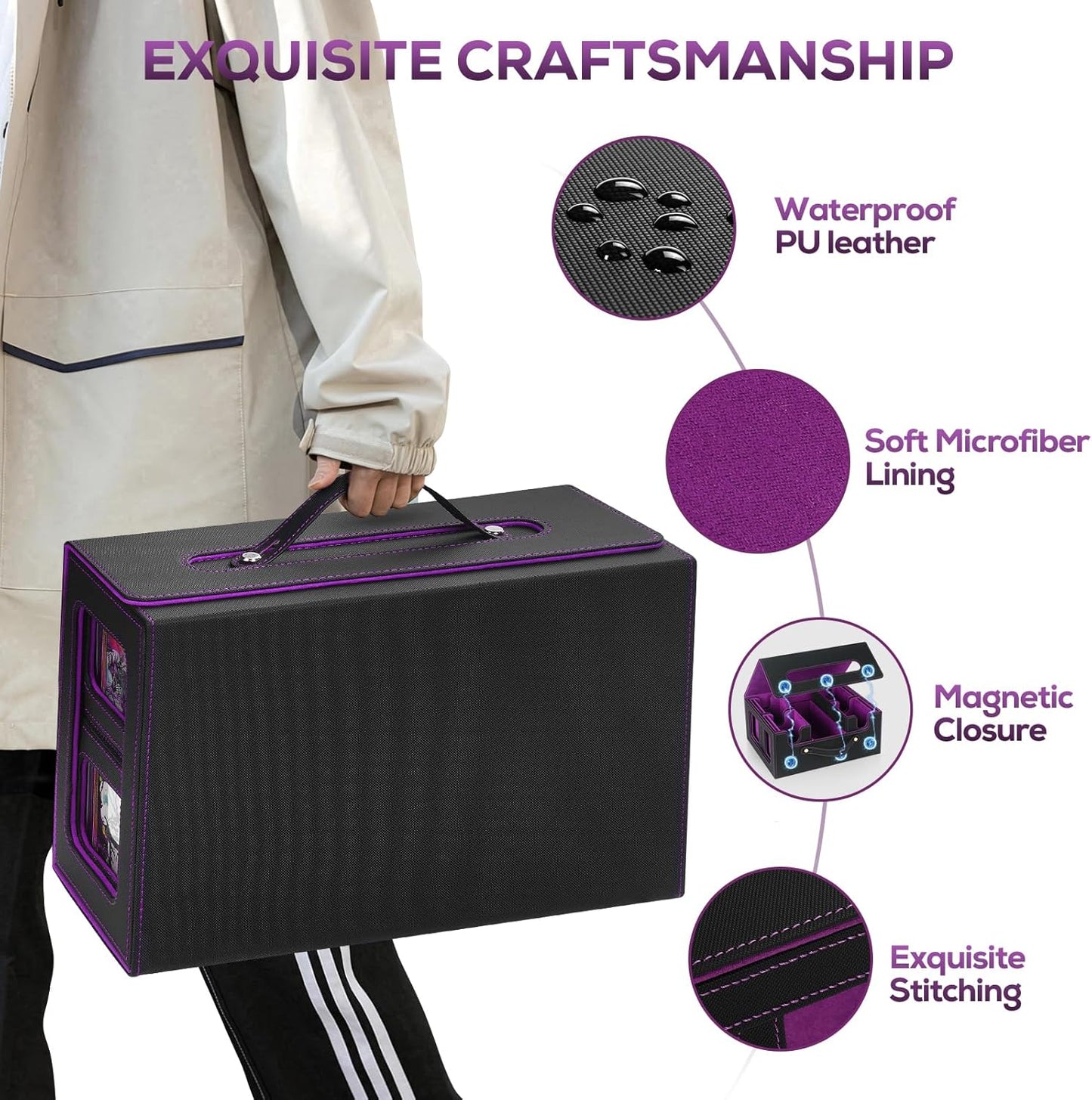 Trading Card Storage Box for MTG, card storage box with Commander Display，Multi-purpose Deck Case for MTG TCG Sports Card, 4 Toploaders, 4 Stoppers, 4 Colorful Dividers (Black & Purple)