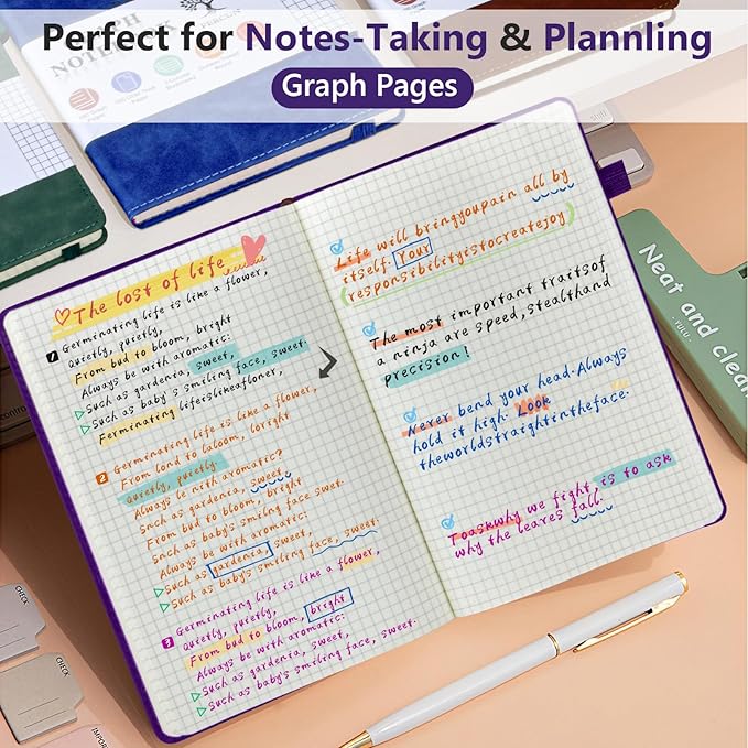 PERCUN Graph Paper Notebook, 160 Pages Grid Journal for women & men, A5 Hardcover Leather Graphing Notebook for School, Work, Travel, Note Taking 5.9”x8.5” (Purple)