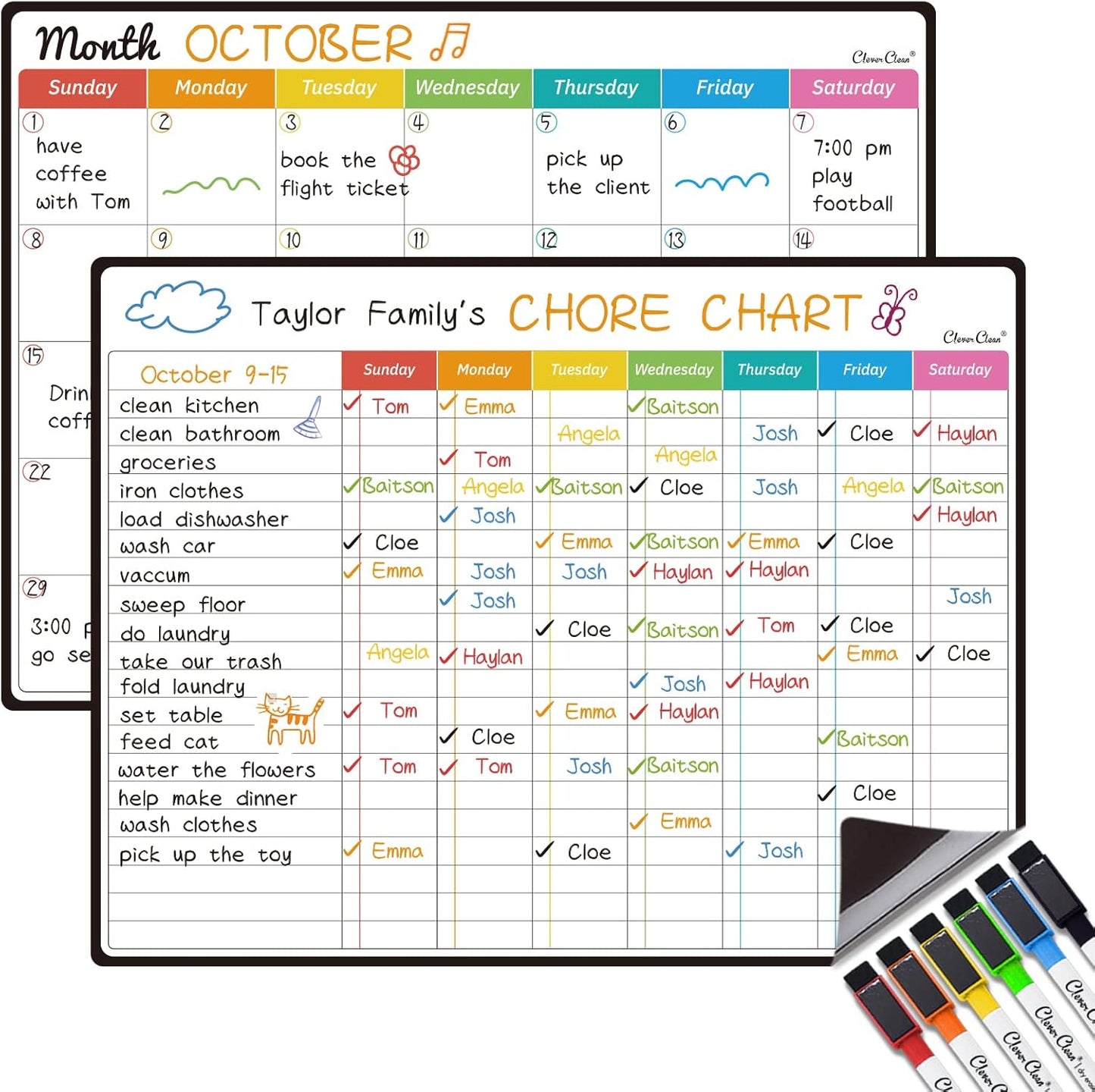 Magnetic Dry Erase Chore Chart, Monthly Calendar Set - 14.5"x11" Monthly Calendar, Chore Board for Fridge - 6 Extra Fine Point Markers Included - Shipped Flat