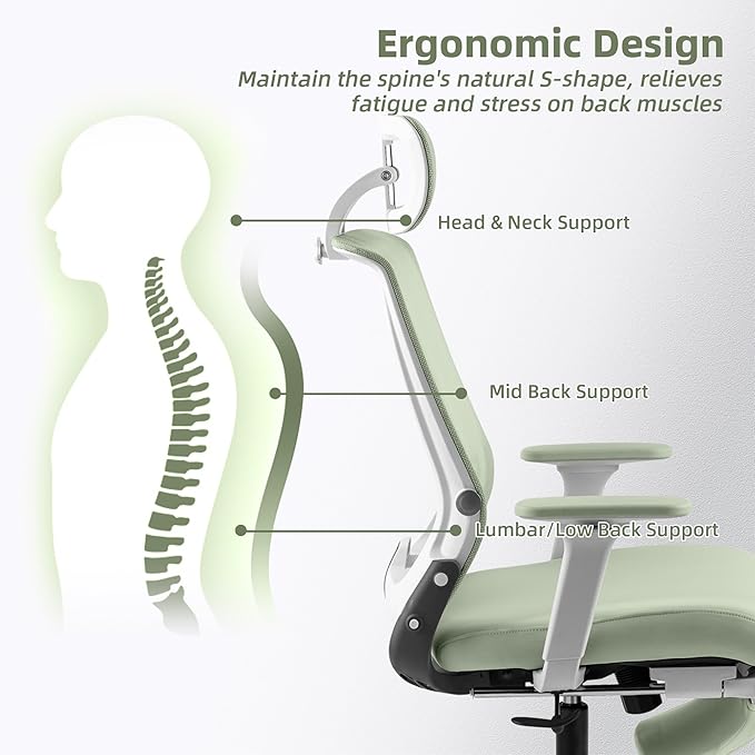 Foldable Office Chair with Foot Rest, Ergonomic Office Chair with Adjustable Lumbar Support, Headrest, Armrest, Home Office Desk Chair for Space Saving, Work from Home, Green
