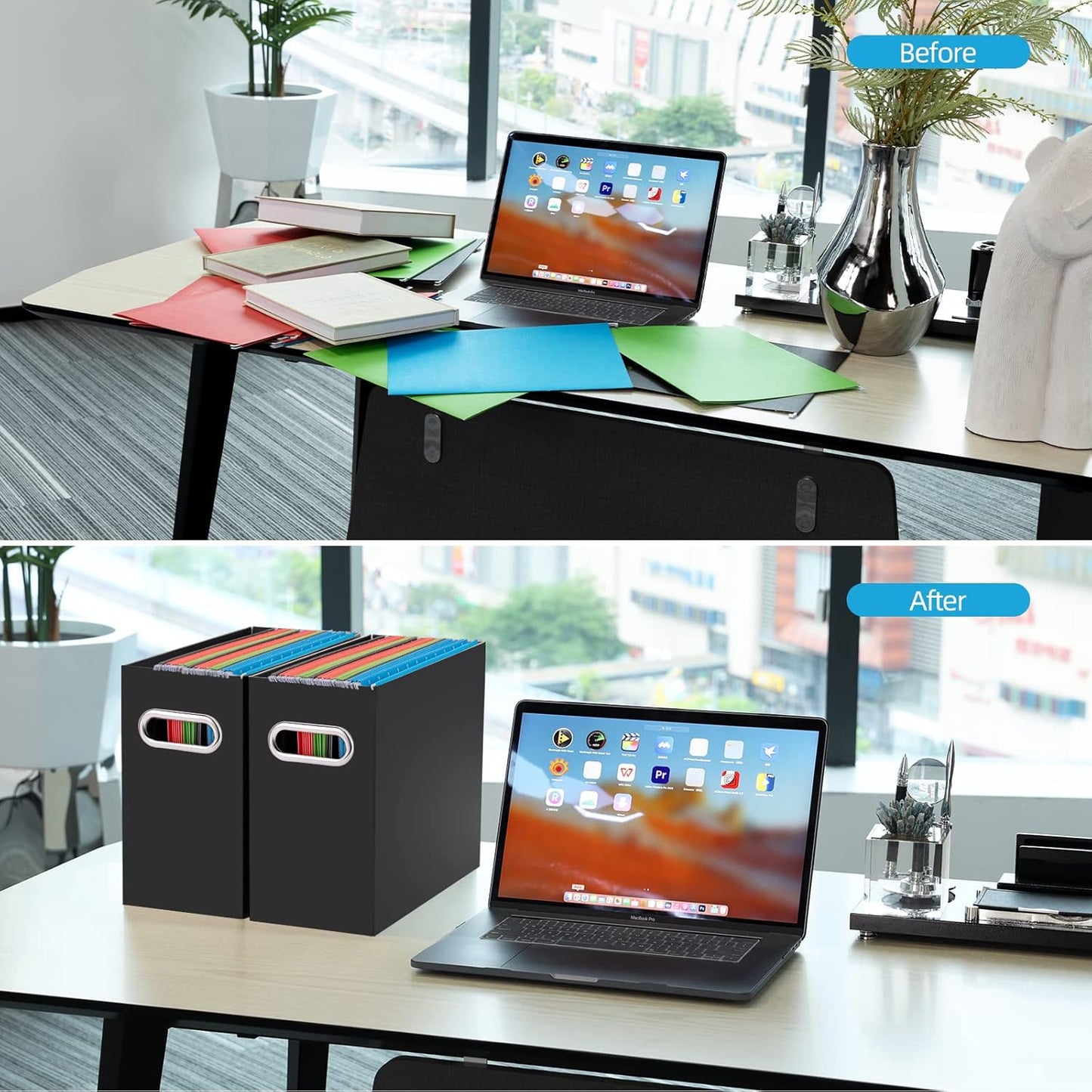 Oterri File Organizer, 2 Packs Small Storage Box, Cardboard File Folder Organizer, Collapsible File Box for Hanging File Folders Letter Size, Portable Filing Organizer with Handle（Black）