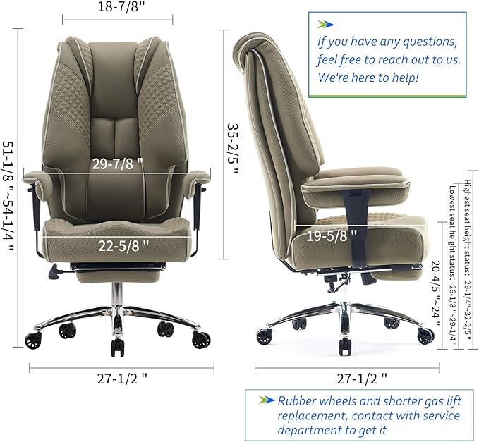Big and Tall Office Chair 400lbs Wide Seat, Leather High Back Executive Office Chair with Foot Rest, Ergonomic Chairs Lumbar Support for Lower Back Pain Relief (Mesh Light Green)