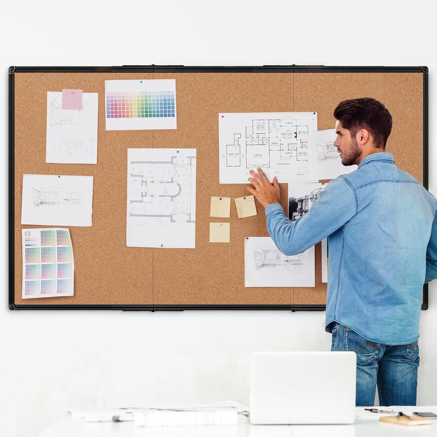 Board2by Extra Large Cork Bulletin Board 96" X 48", Foldable Notice Pin Board for Wall, Black Aluminum Framed 8'x4' Corkboard, Wall Mounted Noticeboard with 36 Push Pins for School, Home & Office