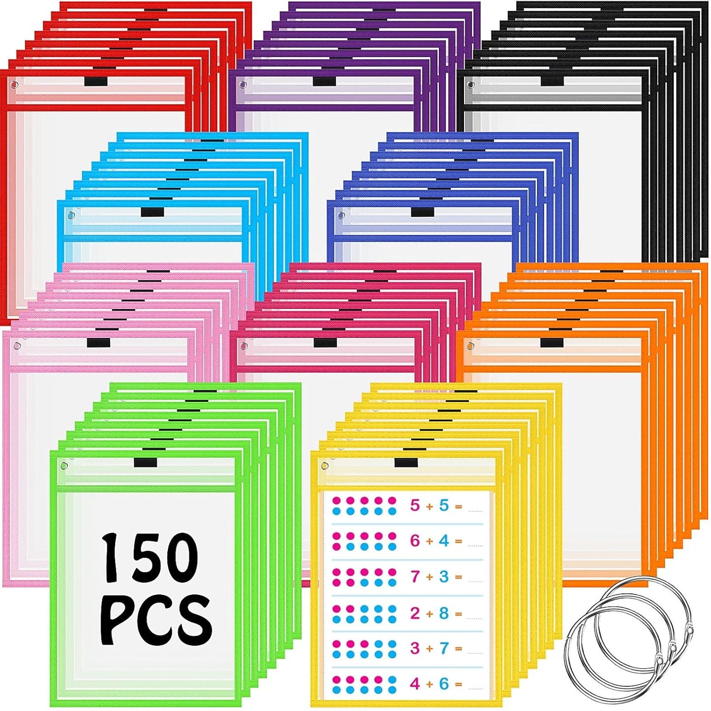 Teling 150 Pcs Dry Erase Pockets Bulk Reusable Job Ticket Holders Clear Plastic Sleeve Protector Work Order Sleeve Shop Ticket Holder for Welcome Teacher Back Office Supplies(10 x 14'',Multicolor)