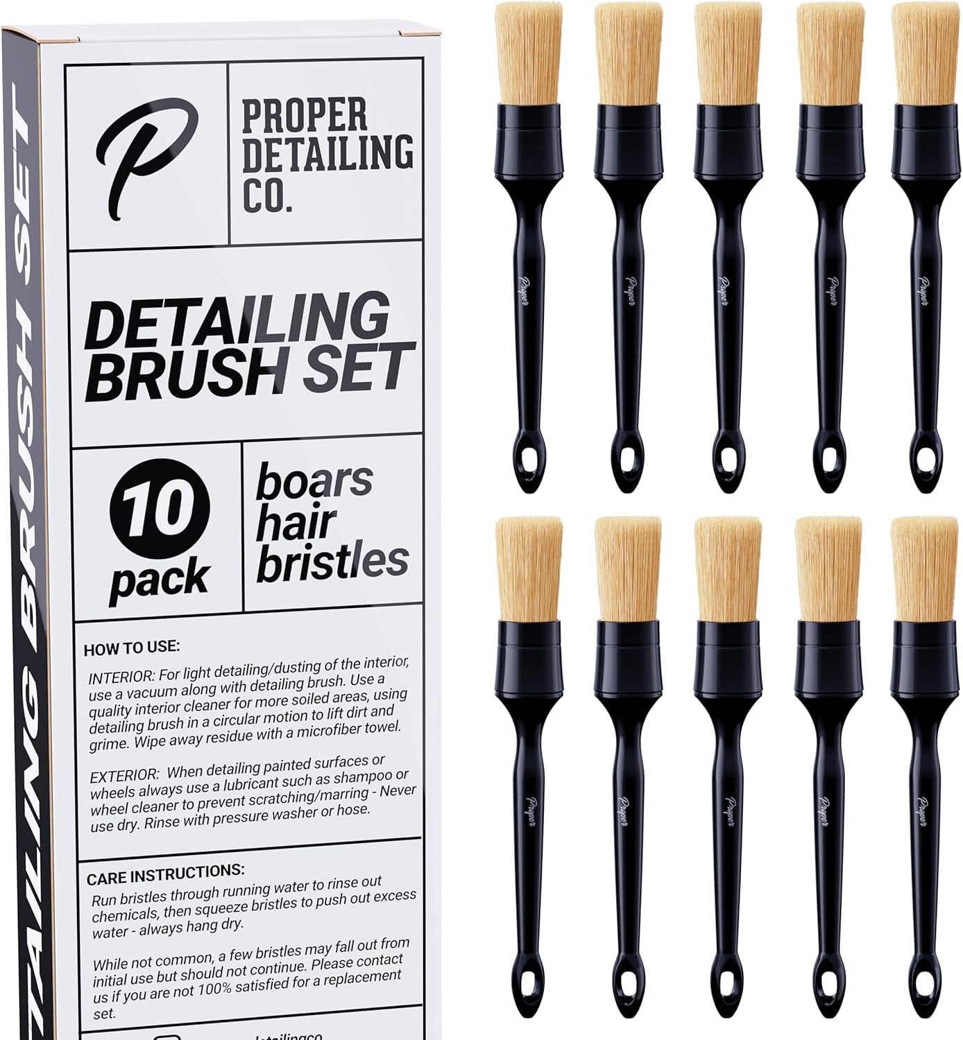 Car Detailing Brush Set, Premium Quality Soft Boars Hair Bristles, Clean Auto Interior (Leather Seats, Air Vents) or Exterior (Wheels, Paint, Emblems) Detail Brushes Car Detailing Shop Pack (10 Pack)