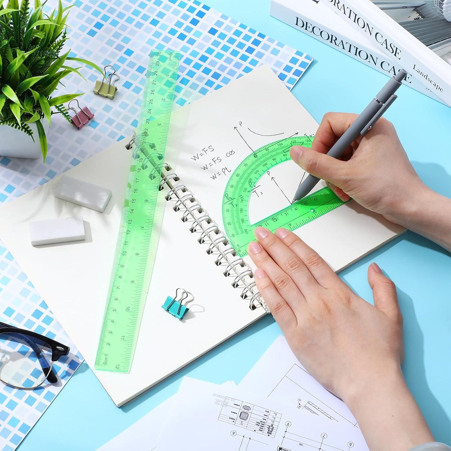 Zonon 2 Pack 12'' Plastic Ruler and 6'' Plastic Protractor Set Clear Ruler Protractor Set Math Geometry Supplies for School Classroom Home Office Drawing(Green)