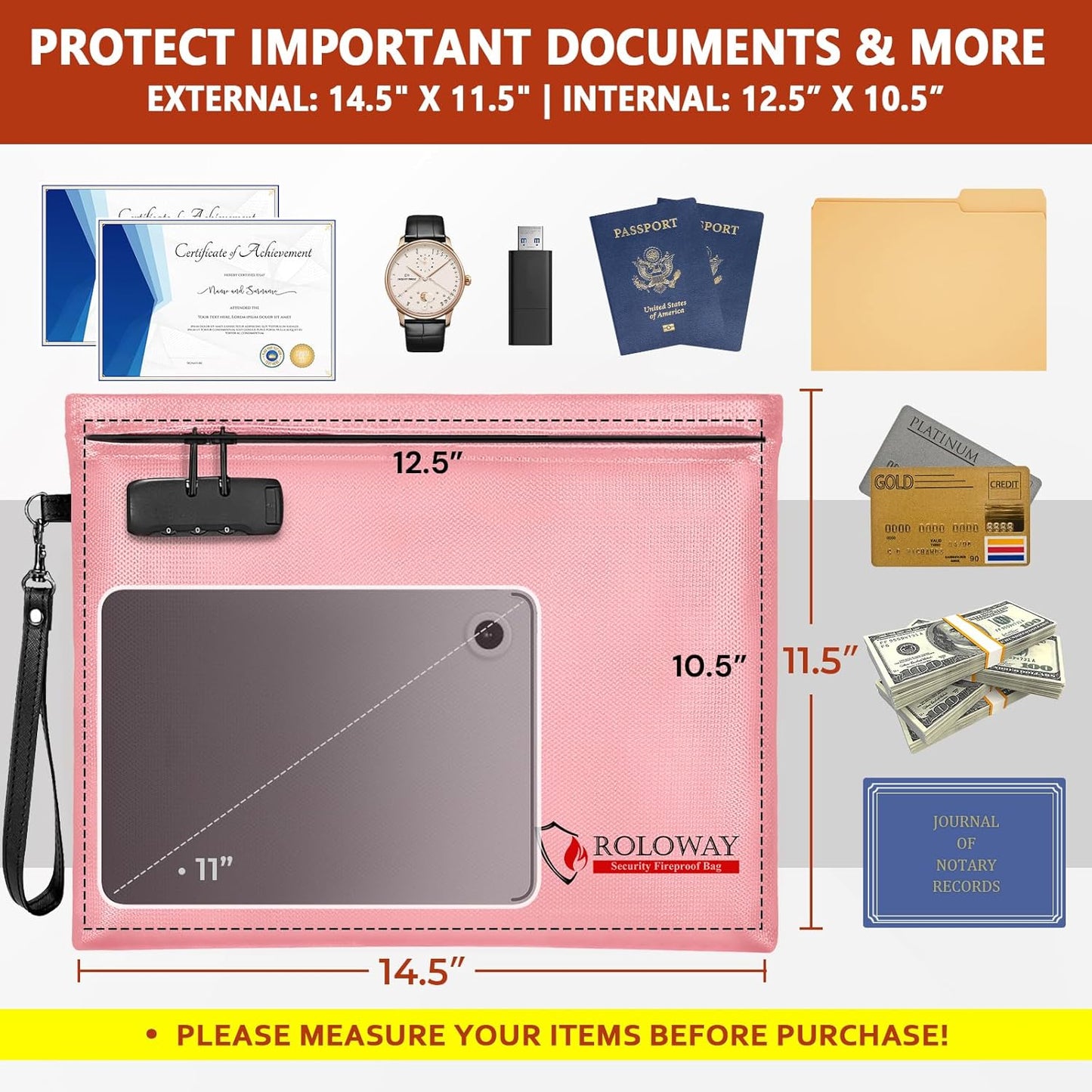 ROLOWAY Fireproof Document Bag (14.5 x 11.5 inch), 6400℉ Fireproof Money Bag with Zipper for Cash, Fire Safe Money Pouch with Lock (Pink)