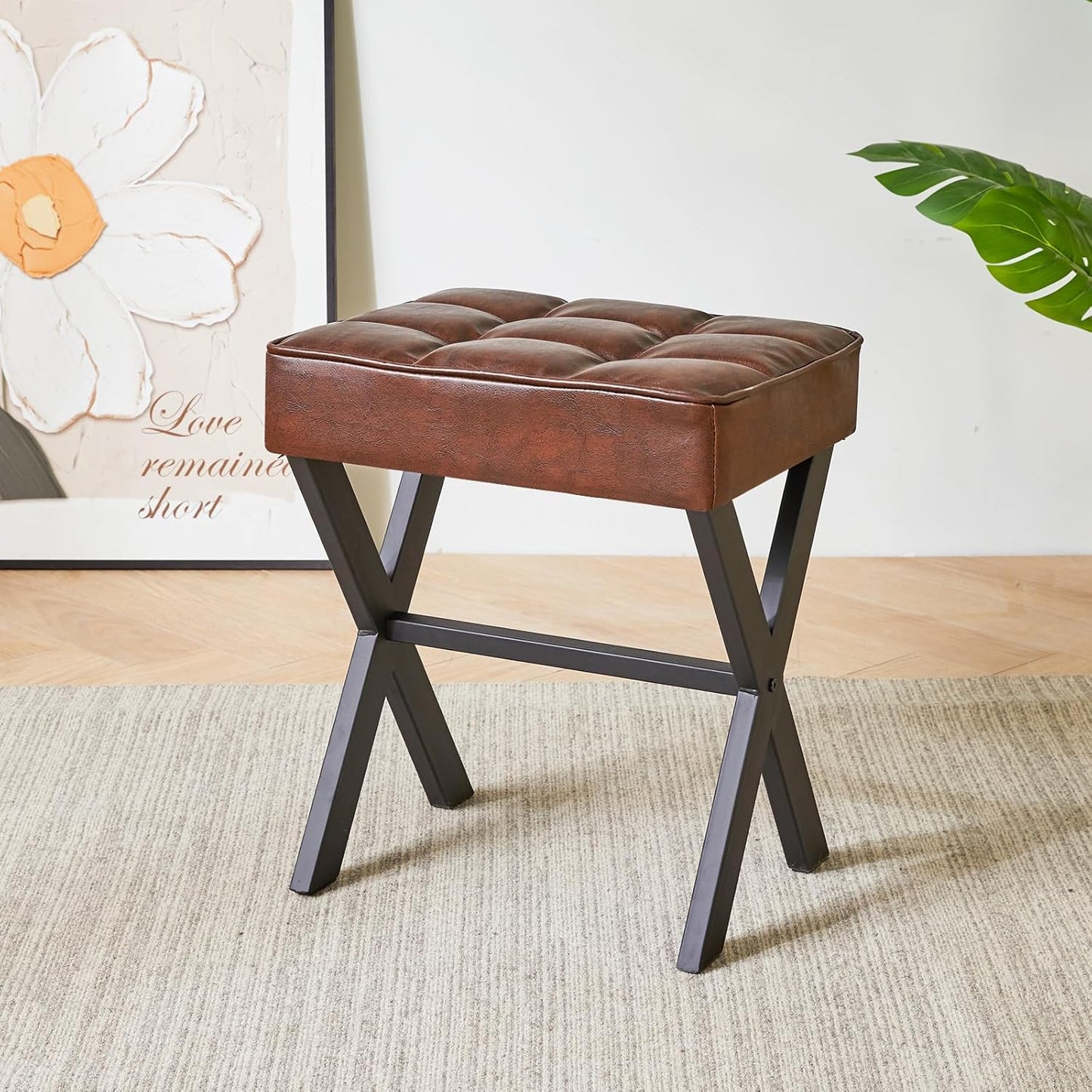 IBUYKE Square Makeup Stool with X-Leg Foot Rest, PU Footrest, Ottoman Seat Vanity Stool, Multi-Use as Small Side Table, for Bedroom, Living Room, Dark Brown LG-71Z