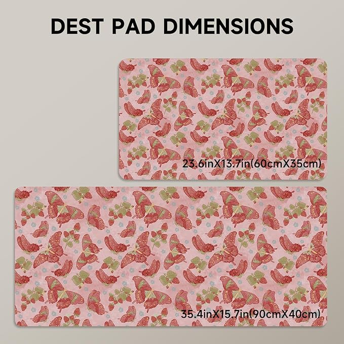 Botanical Floral Desk Pad Blotter,Large Mouse Pad 35 x 17in,PU Leather Desk Mat Writing Pad Protector, Non-Slip Waterprrof,Desktop Decor for Home Office Women Girls (Pink Stawberry Butterfly)