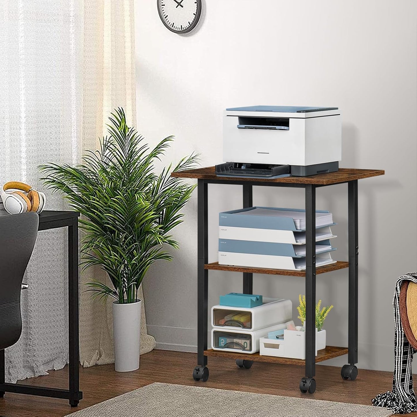 Lerliuo 3-Tier Printer Stand, Industrial Mobile Printer Table with Storage Shelf and Steel Frame, Rolling Printer Cart Holder with Lockable Wheels for Home, Office (Brown)
