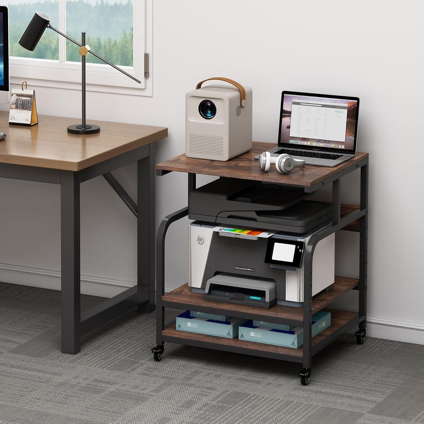 23.6" Deep Extra Large Printer Stand, 3 Tier Printer Table with Adjustable Storage Shelf, Rolling Printer Cart with Industrial Wheels for Home Office, Rustic Brown
