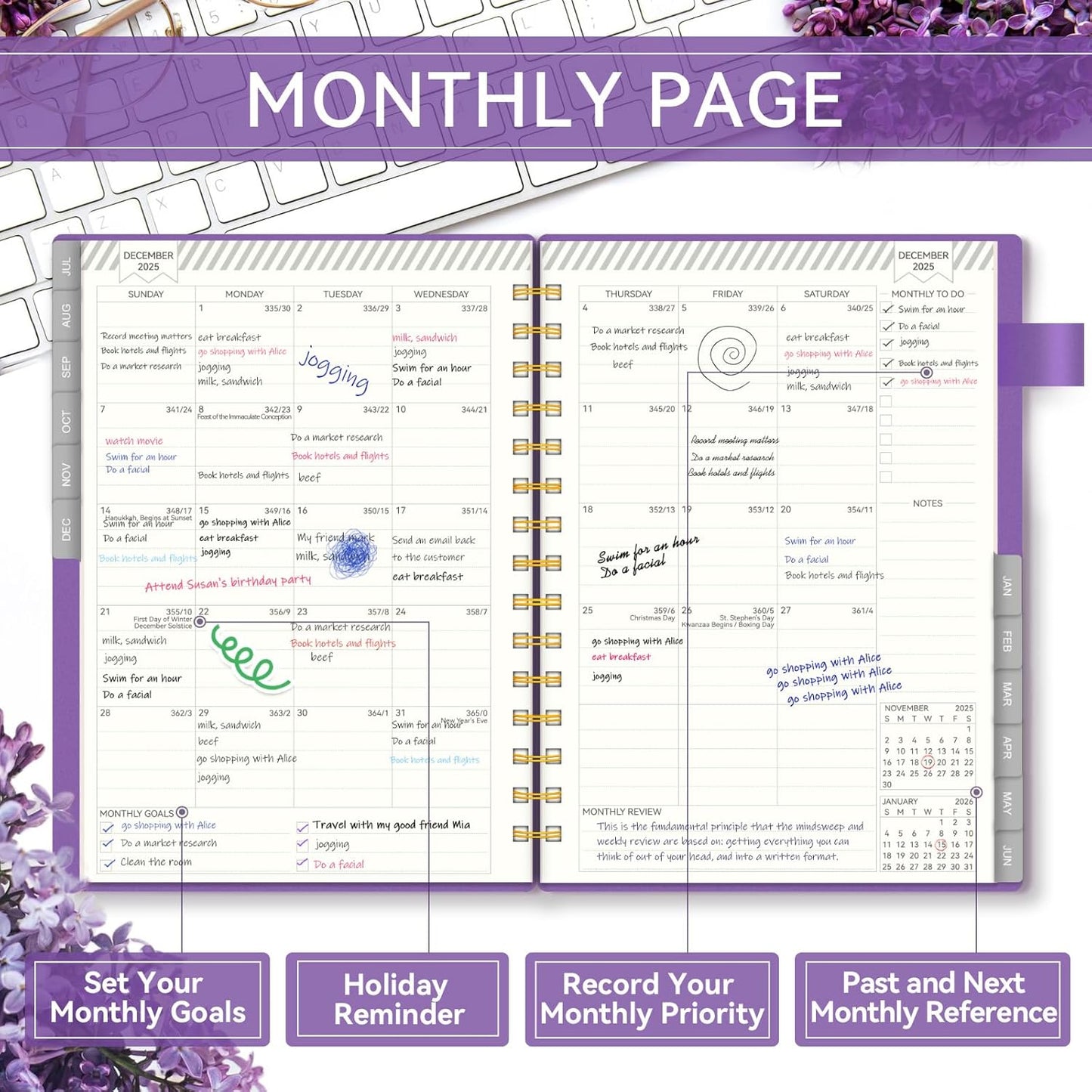 Planner 2025-2026, Weekly and Monthly Planners for Teacher & Student,Jul.2025 - Jun.2026, AIMPEAK Daily Calendar Planner with Monthly Tabs, Pen Loop, Flexible Waterproof Cover, Purple, 5.5" x 8.5"