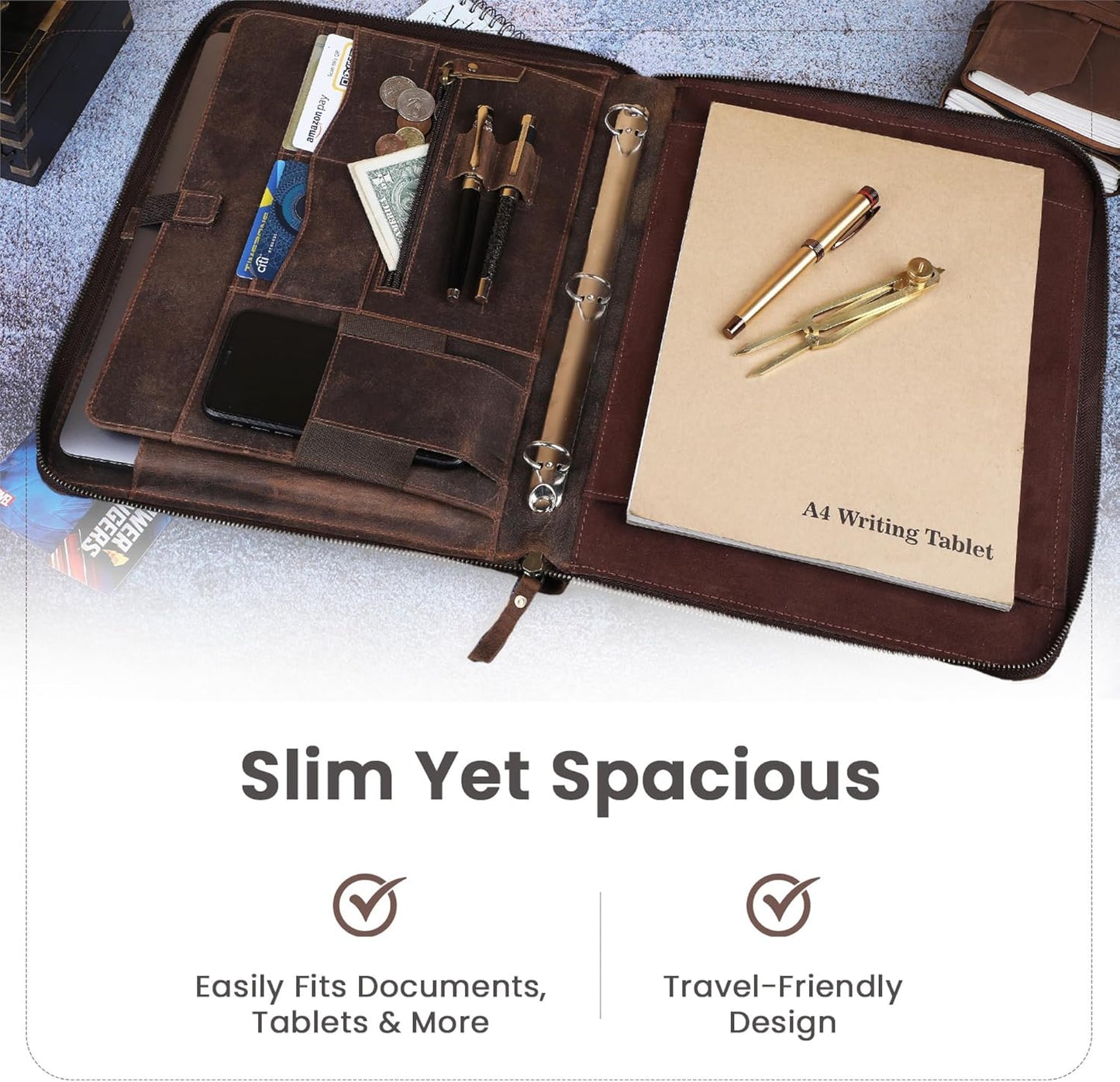 Premium Leather Portfolio Organizer with Zipper - Brown Business Padfolio with Card Slot, Document Holder, Pen Loops | Leather Padfolio with 3 Rings Binder Legal Pad Holder Podfolio for Men & Women