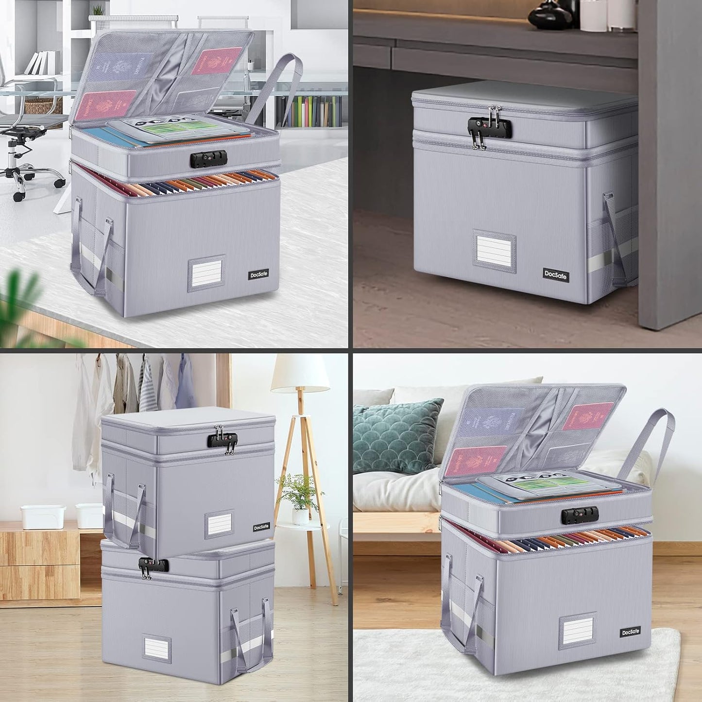 DocSafe File Box with Lock,Multi-Layer Fireproof Document Box Collapsible File Storage Organizer with Pocket,Large Portable Home Office Filing Cabinet Safe for Hanging Letter/Legal Size Folder,Silver