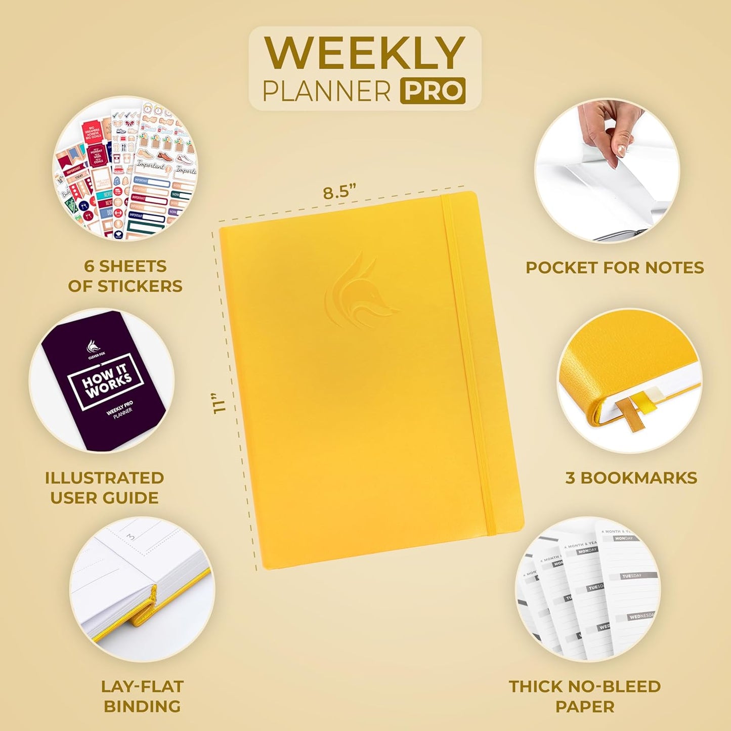 Clever Fox Planner PRO – Weekly & Monthly Life Planner to Increase Productivity, Time Management and Hit Your Goals, 8.5x11″ (Amber Yellow)