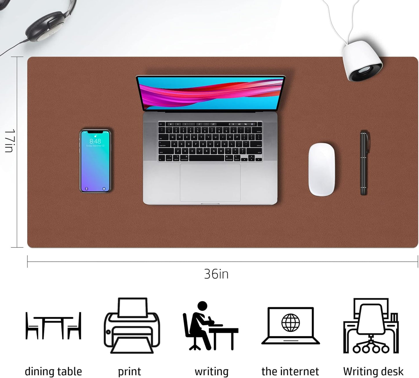 Aothia Double-Sided PU Leather Desk Pad - Non-Slip Large Mouse Pad & Desk Mat for Office, Home - Waterproof, Easy to Clean, Durable Dual-Sided Surface (Brown, 36" x 17")