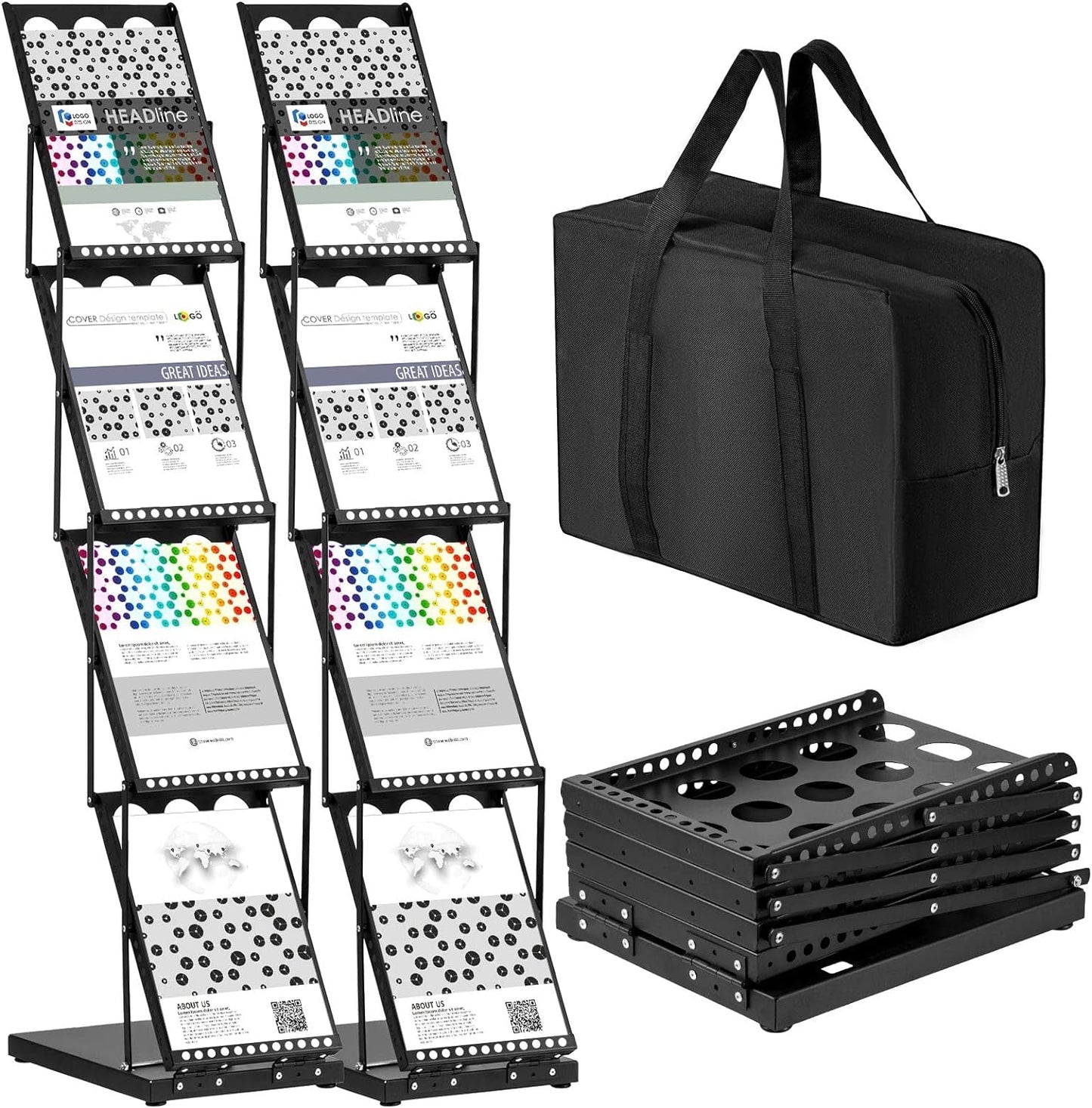 Tatuo 2 Pieces Foldable Magazine Rack Metal Catalog Literature Rack Portable 4 Pockets with Carrying Bag Brochure Stand Literature Display Holder Stand for Exhibition Trade Show