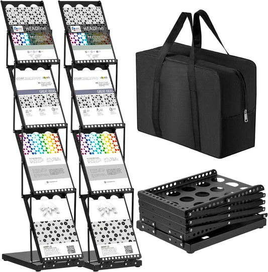 Tatuo 2 Pieces Foldable Magazine Rack Metal Catalog Literature Rack Portable 4 Pockets with Carrying Bag Brochure Stand Literature Display Holder Stand for Exhibition Trade Show