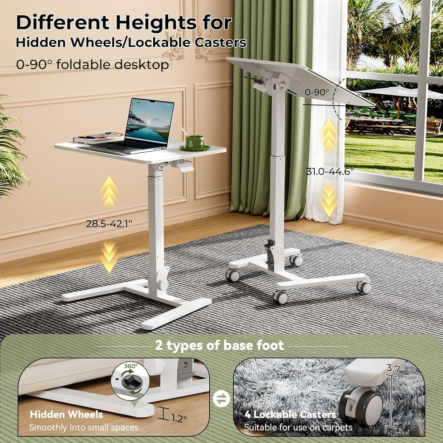 Foldable Standing Desk，Small Mobile Sit-Stand Desk with 90 Tiltable Top，Rolling Rising Laptop Workstation Adjustable Height，Portable Table on Hidden Wheels/4 Lockable Casters，White