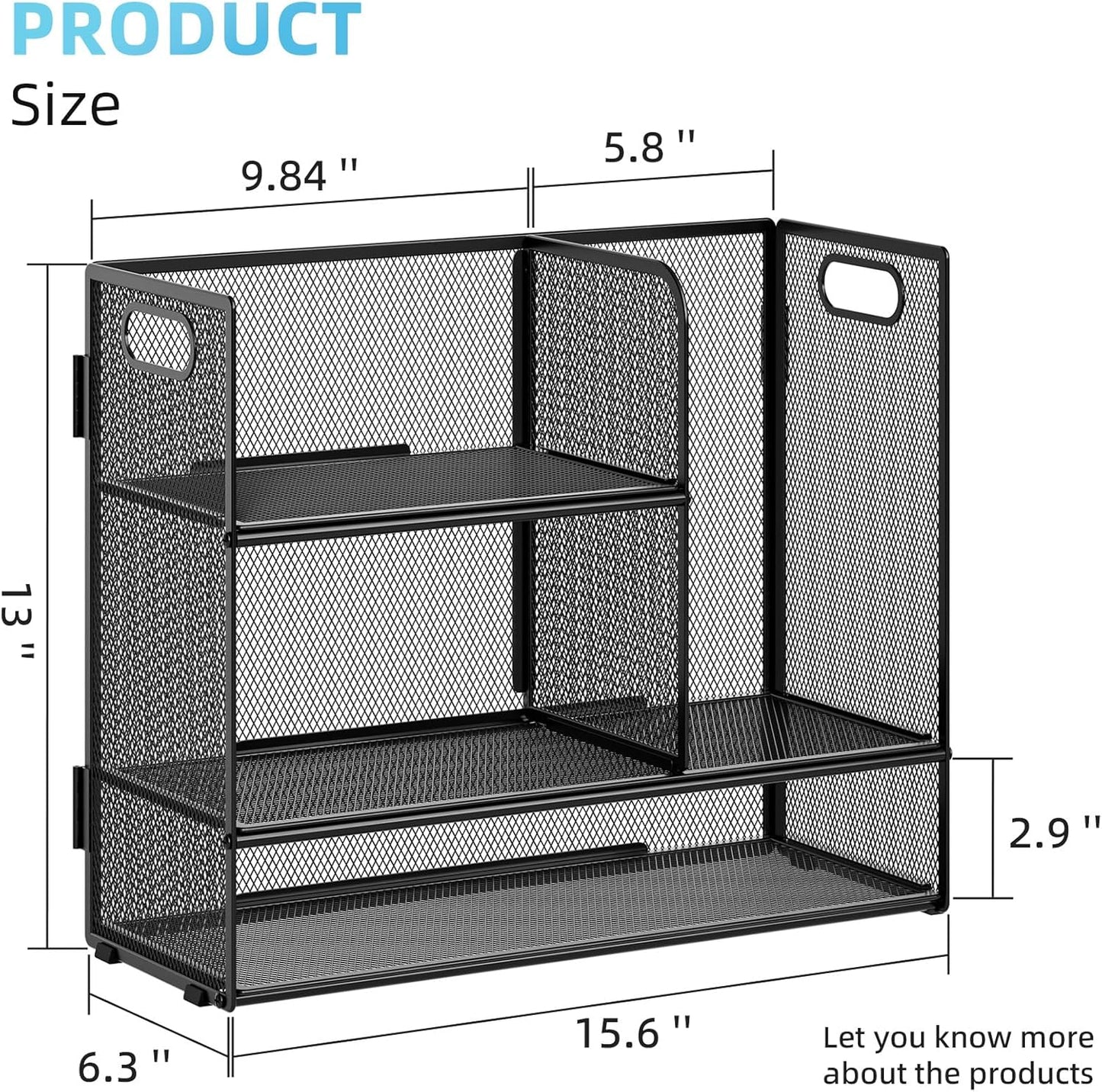 Marbrasse 3-Tier Desk Shelf Organizer with Handle, Desktop Bookshelf File Holder, Mesh Display Shelf Organizer Storage Rack for Office, Home, Supplies, Kitchen (Black)