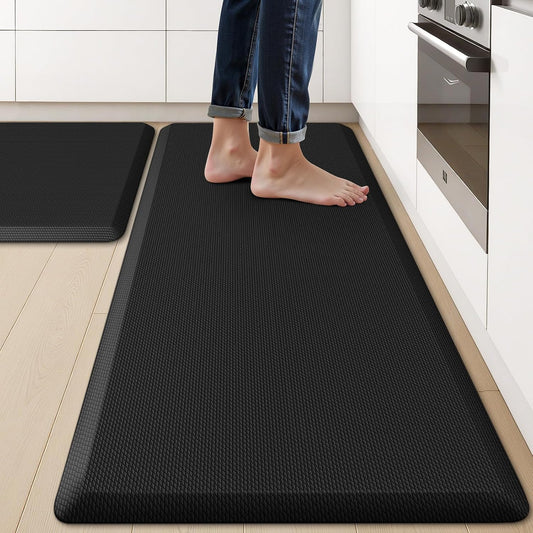 KitchenClouds 2PCS Kitchen Rugs Cushioned Anti-Fatigue Non-Slip Waterproof Kitchen Mat Comfort Foam Standing Mat for Floor Office Sink Laundry (Black)