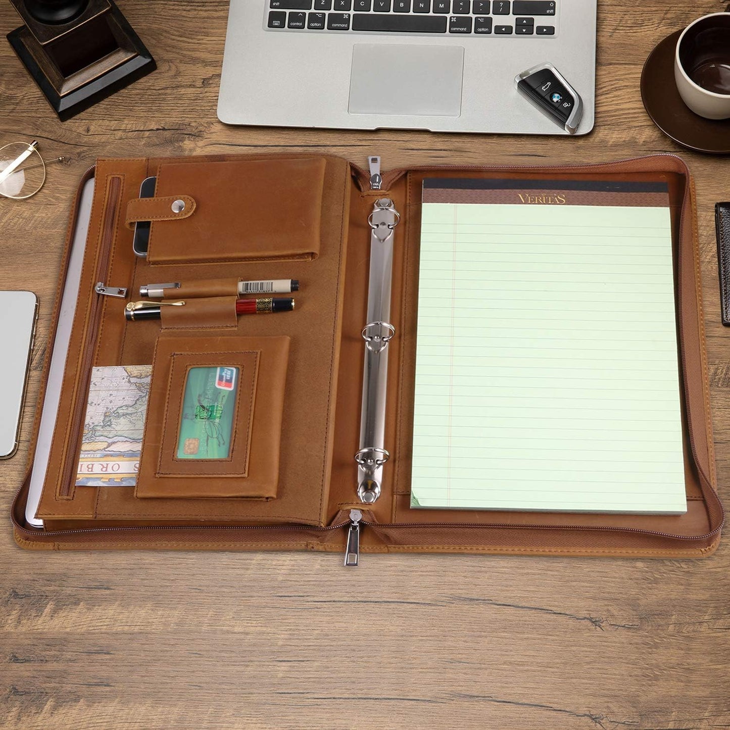 Professional Leather Business Padfolio Portfolio Case, 3 Ring Binder,Zippered Business Document Organizer Tablet Holder Folder Case,with Letter Size Notepad (Brown Upgraded version)