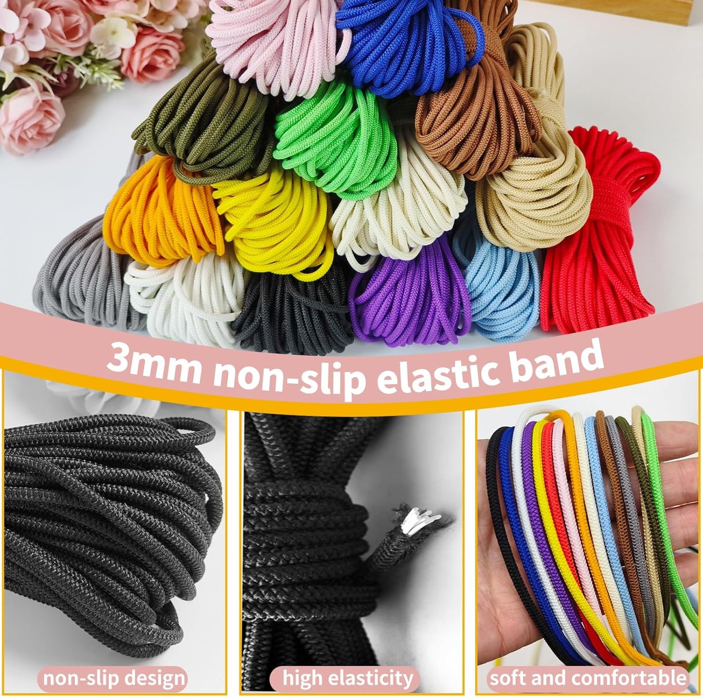 3mm No-Slip Bungee Cord - 15 Color Assortment - 1/8 Inch Strong Elastic String for Crafts, Kayak Tie Downs,Sports Gear,Hair Bands, Sewing，Shoe Laces, Camping & DIY Projects