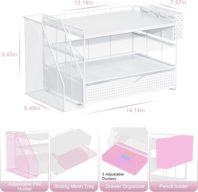 gianotter Wood Desk Organizers and Accessories with File Holder, 4-Tier Desk Accessories & Workspace Organizers with Drawer and Pen Holder, Paper Organizer for Office Supplies (White)