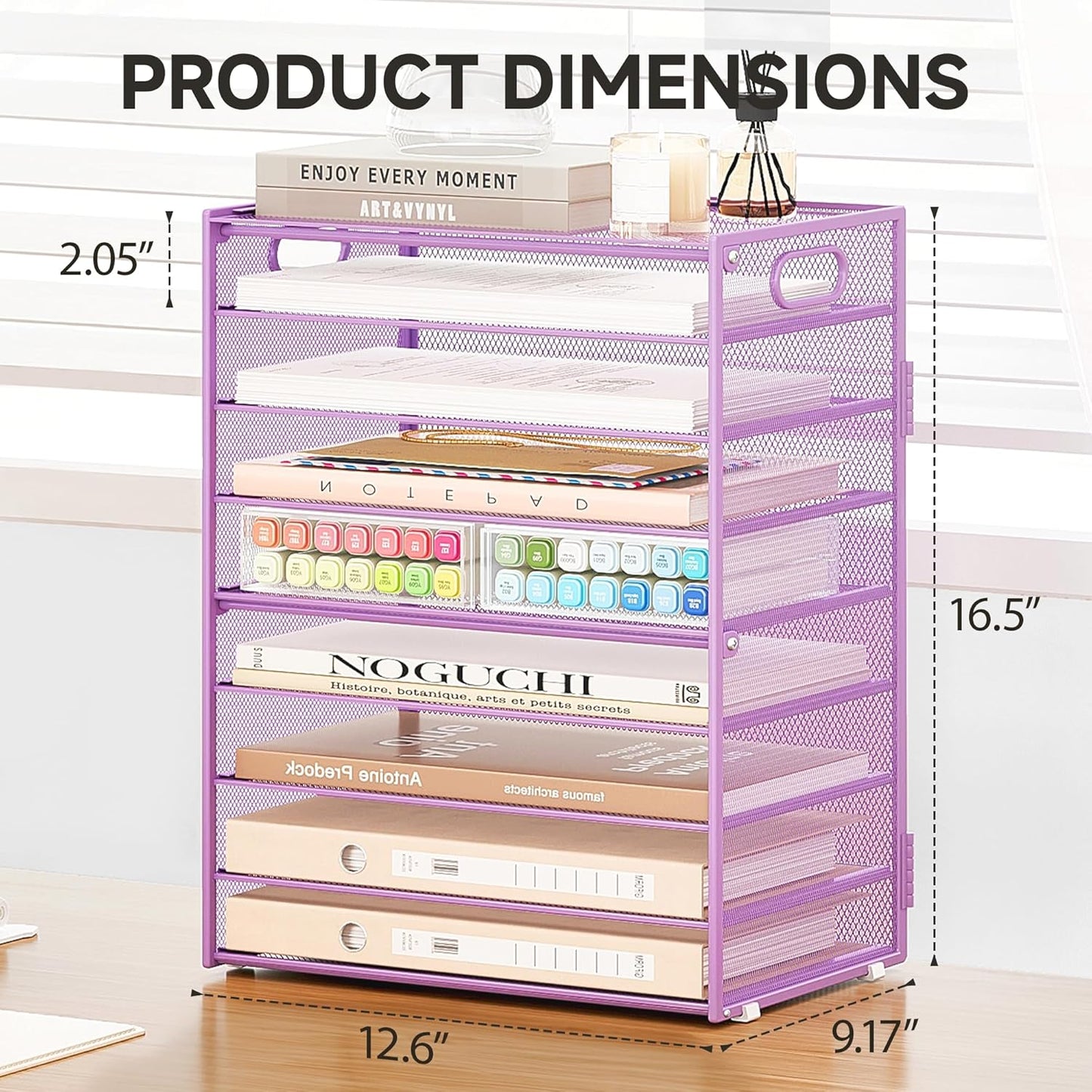 SUBEKYU 9 Tier Paper Letter Tray Desk Organizer with Handles - Purple Metal Mesh File Holder Paper Sorter Desk Organizer for Office Home School, Include 6 Pcs Adjustable Slid Tray, 6 Colors Available