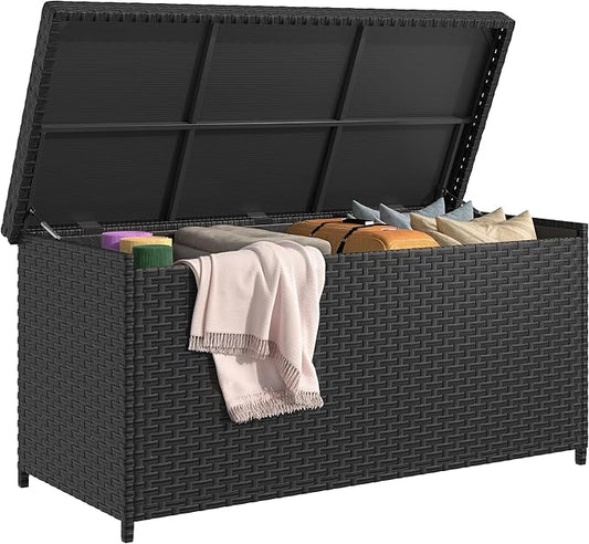 YITAHOME 260 Gallon Deck Box, XXL Wicker Outdoor Storage Box, Oversized Rattan Storage Cabinet for Patio Furniture, Cushions, Pool Storage and Garden Tools (Black)