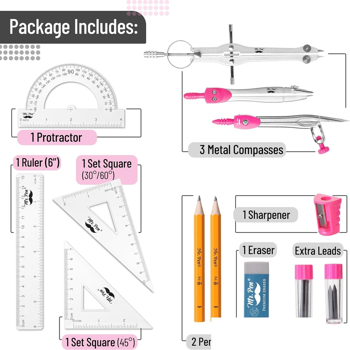 Mr. Pen- Geometry Set, 13 pcs, Compass for Geometry, Protractor Set, Geometry Kit Set with Shatterproof Storage Box, Geometry Kit, Drawing Tools, Drafting Set, Back to School Supplies